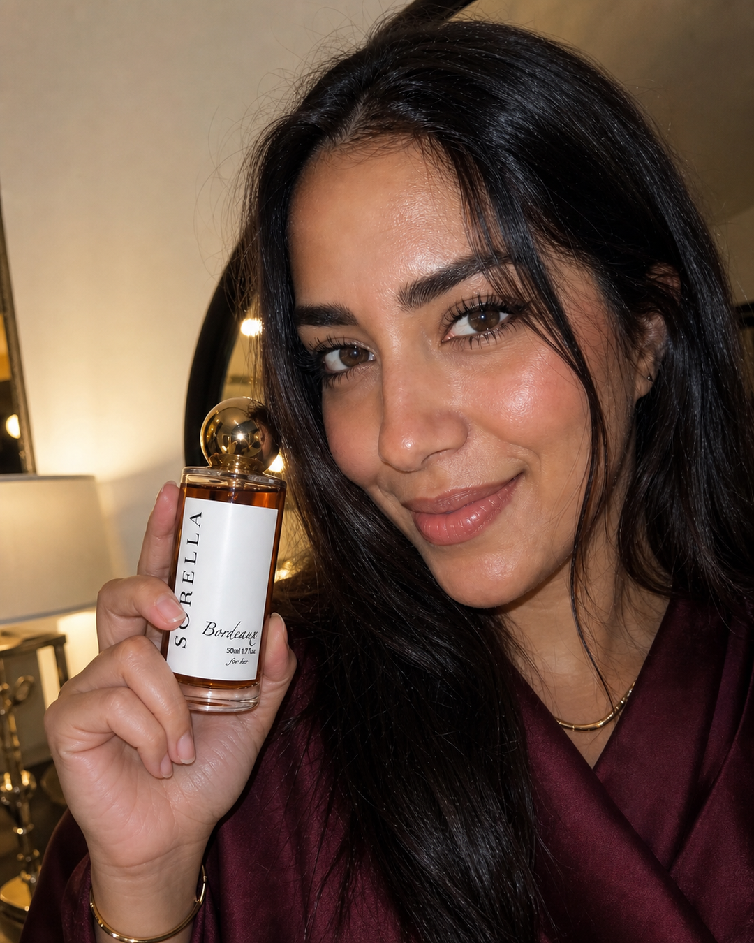 Bordeaux Sorella moments — A close-up getting-ready moment for when the scent is part of the whole look.