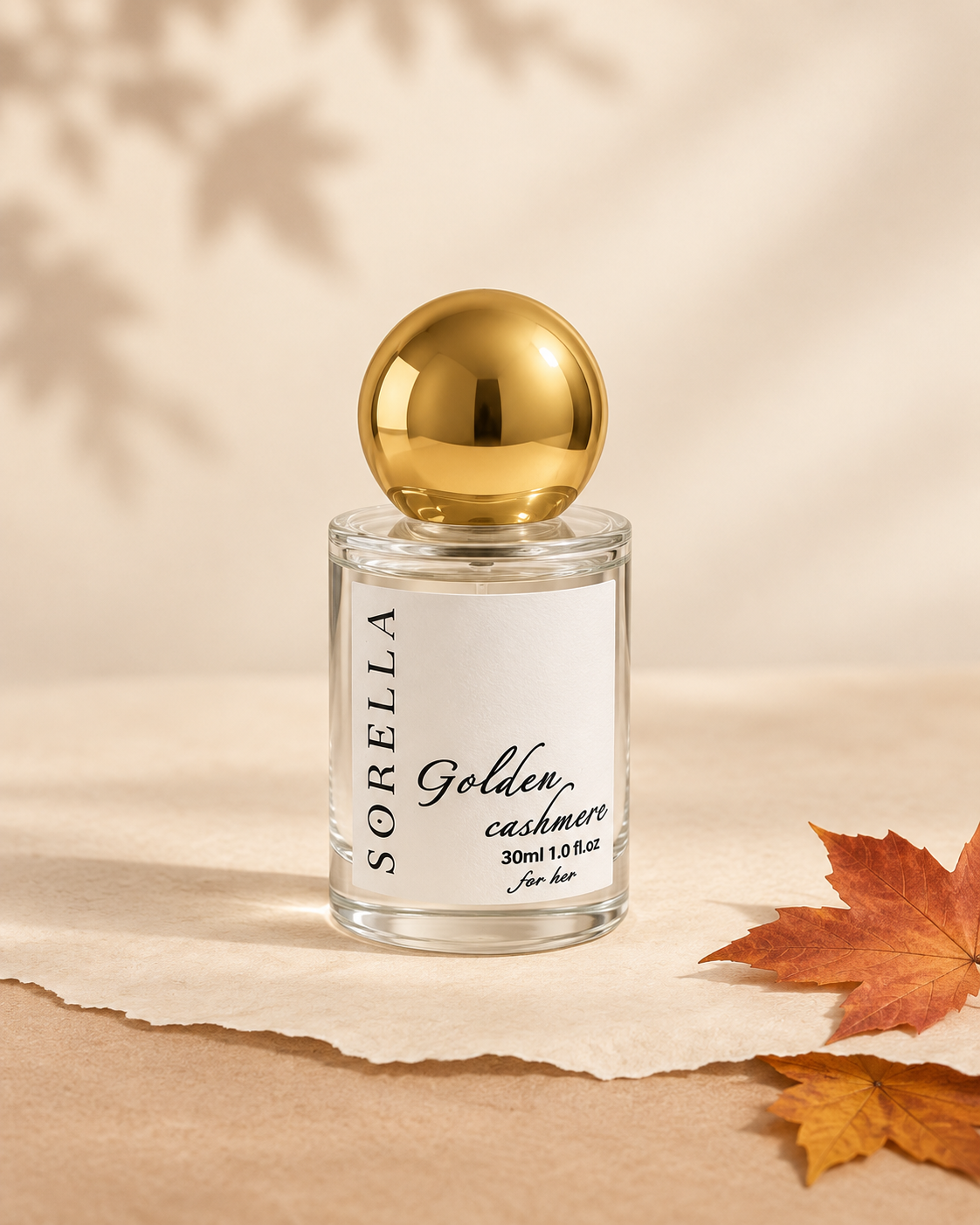 Golden Cashmere 30ml on warm paper with autumn maple leaves