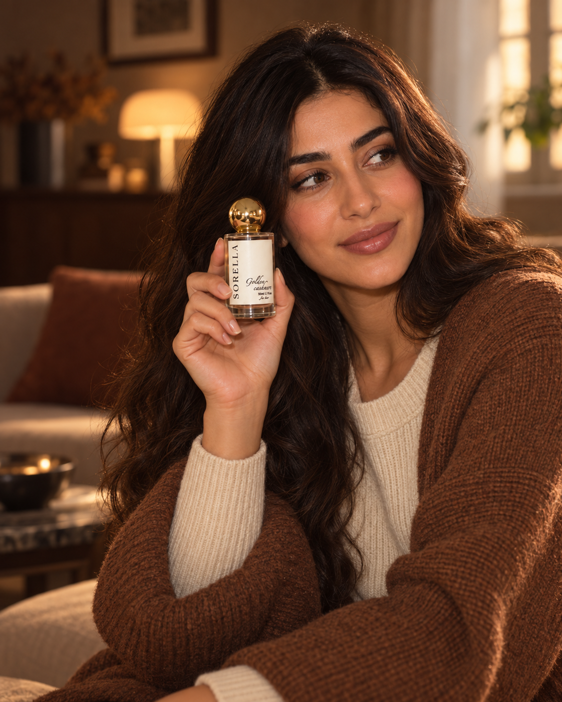 Golden Cashmere October campaign — warm knits and the 50ml fragrance; AI-generated editorial