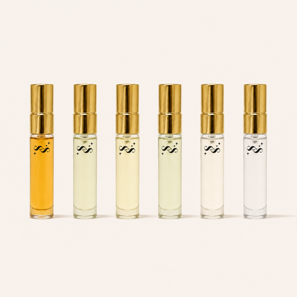 Six Sorella 5ml perfume vials arranged for a custom Discovery Set
